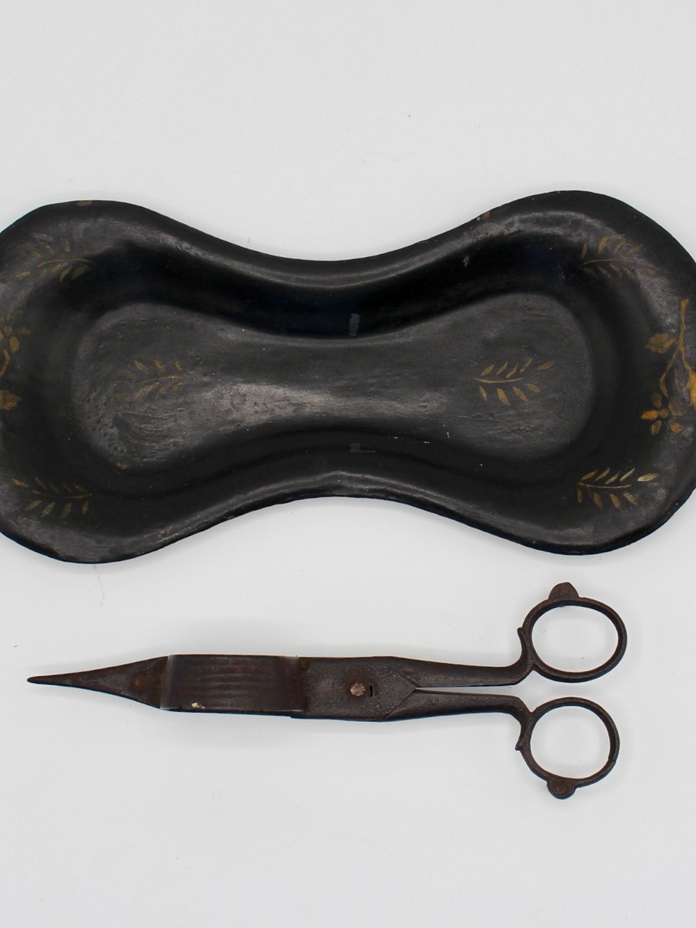 Antique Candle Snuffer and Wick Trimming Scissor and Toleware Tray Set
